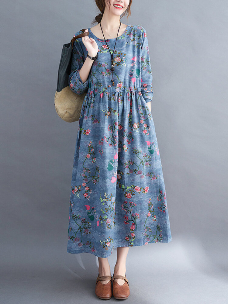 Plus Size Floral Print O-neck Knotted Casual Dress