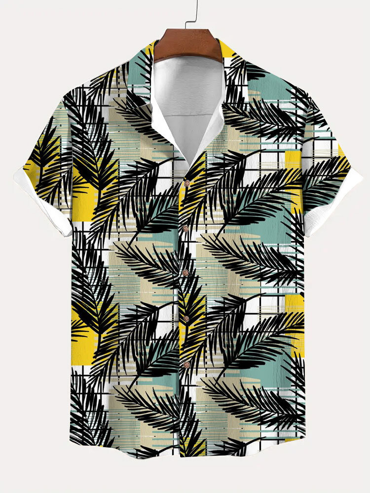 

Mens Leaf Line Print Button Up Vacation Short Sleeve Shirts, Yellow