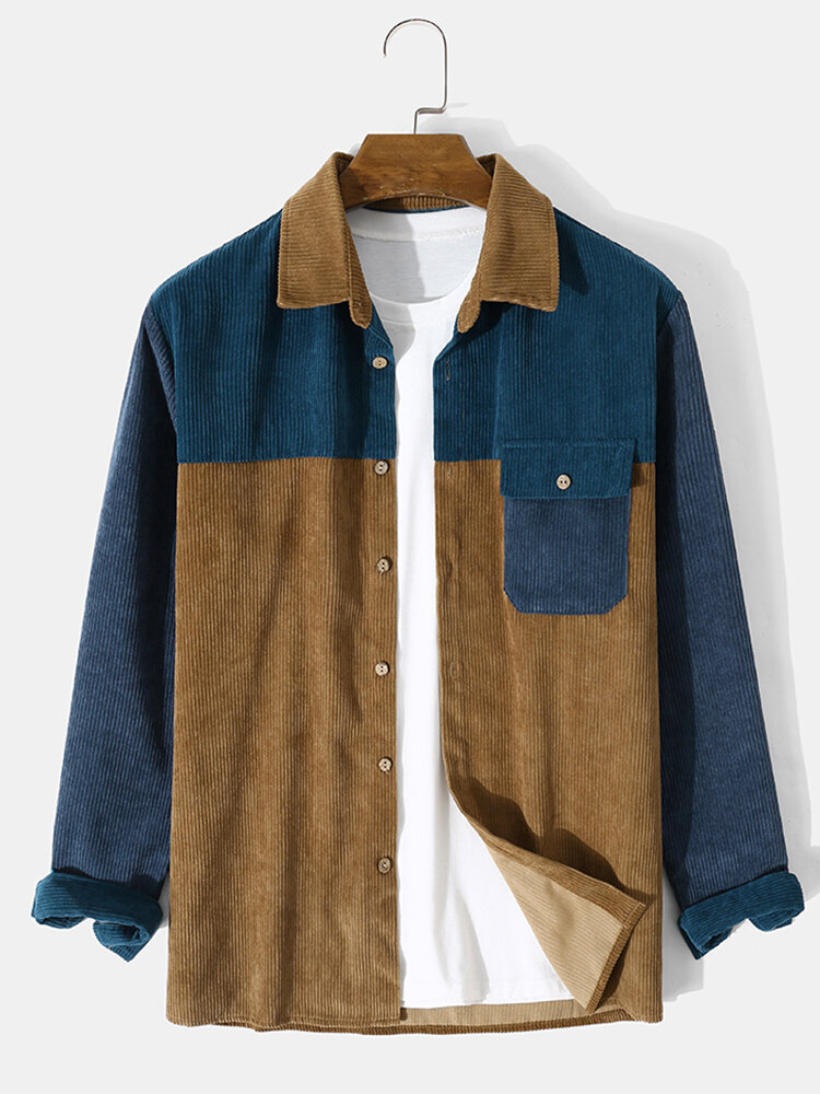 

Mens Color Block Patchwork Flap Pocket Corduroy Casual Long Sleeve Shirts, Brown