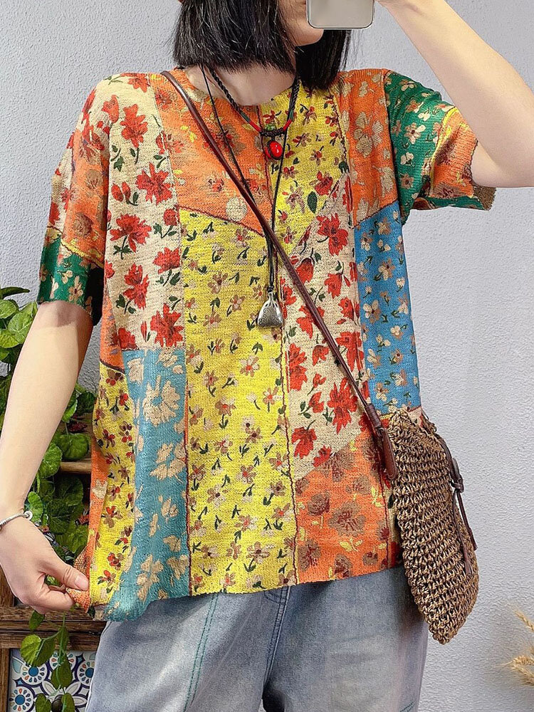 Women Floral Print O-neck Short Sleeve Loose Vintage Knitted T-Shirt