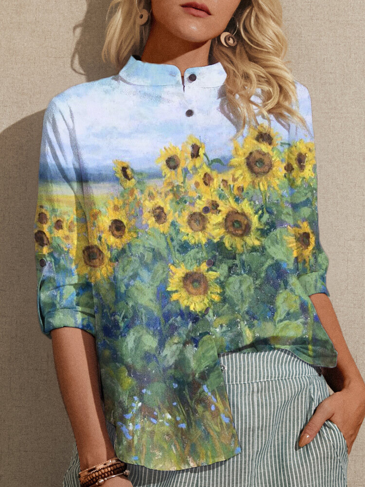 Sunflowers Print Stand Collar Plus Size Button Shirt for Women