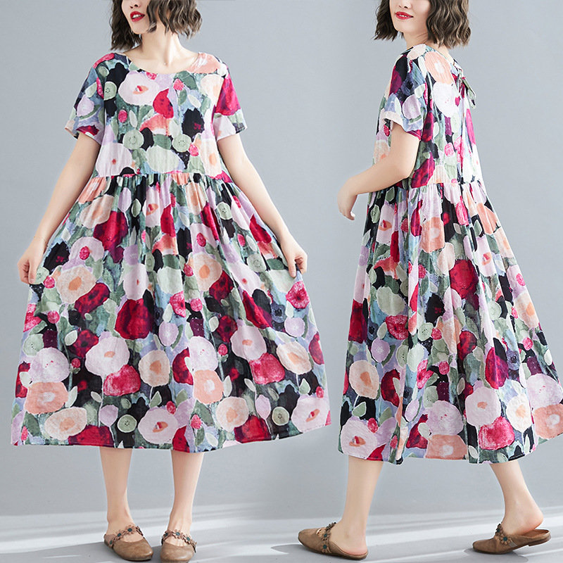 Retro Loose Cotton Linen Short Sleeve Printed Dress