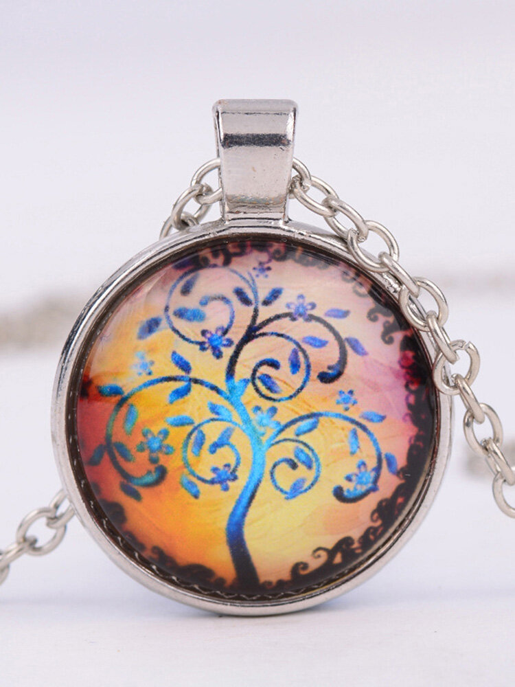 Vintage Gemstone Glass Printed Women Necklaces Landscape Tree Pendant Necklaces
