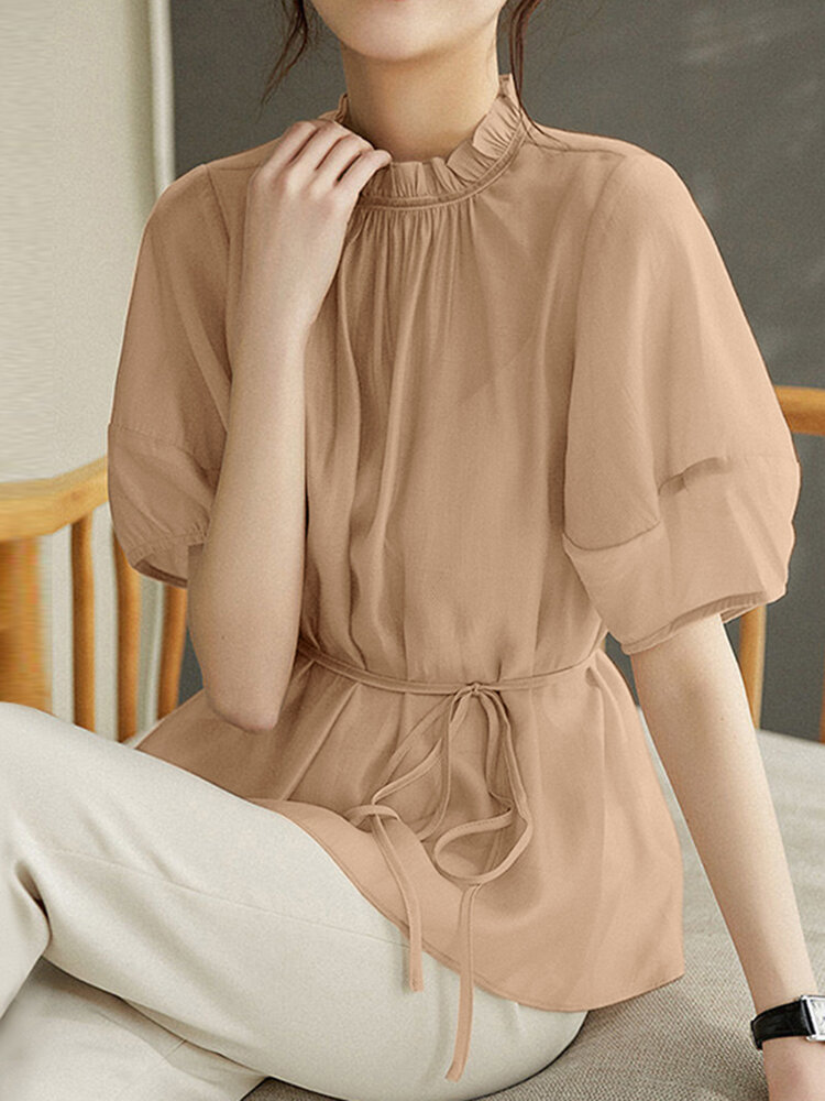 Solid Lettuce Edge Stand Collar Puff Sleeve Belt Blouse