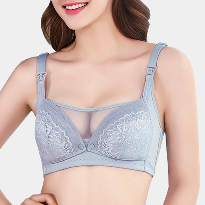 

Lace Soft Front Button Wireless Breathable Maternity Gather Nursing Bra, Gray;pink;nude