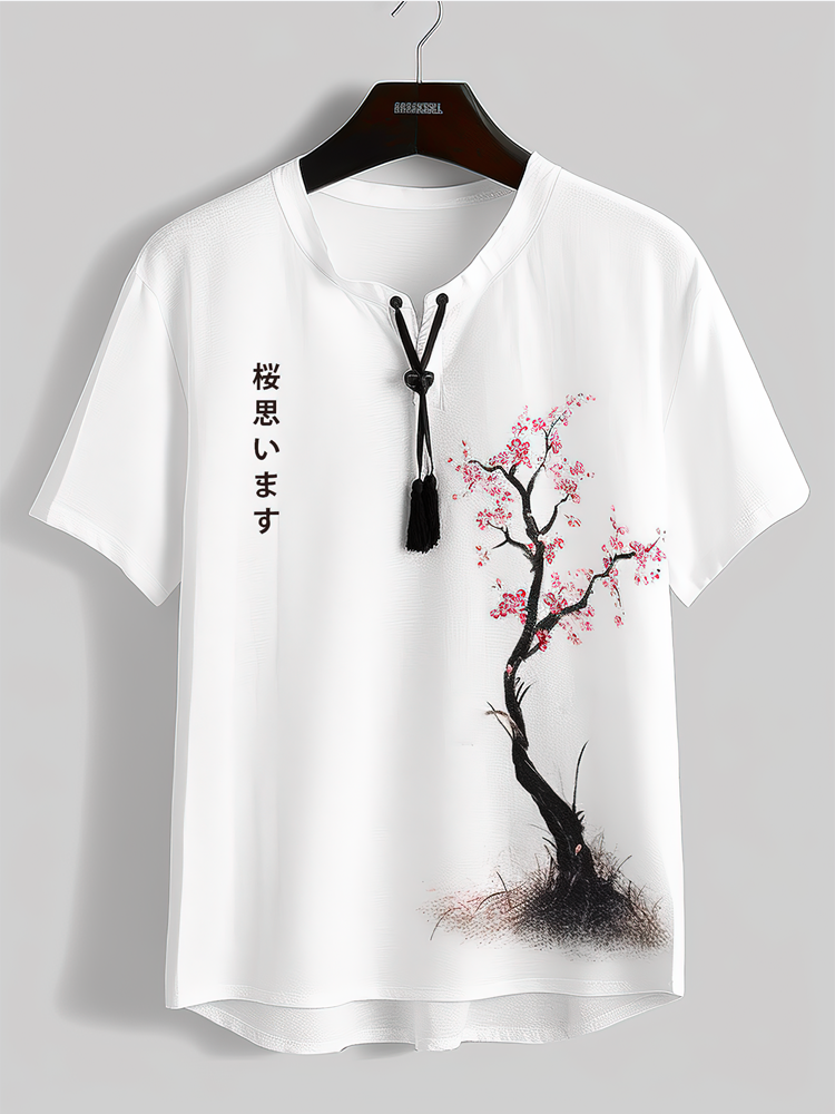 T-shirts à col noué imprimé fleurs de cerisier japonais pour hommes