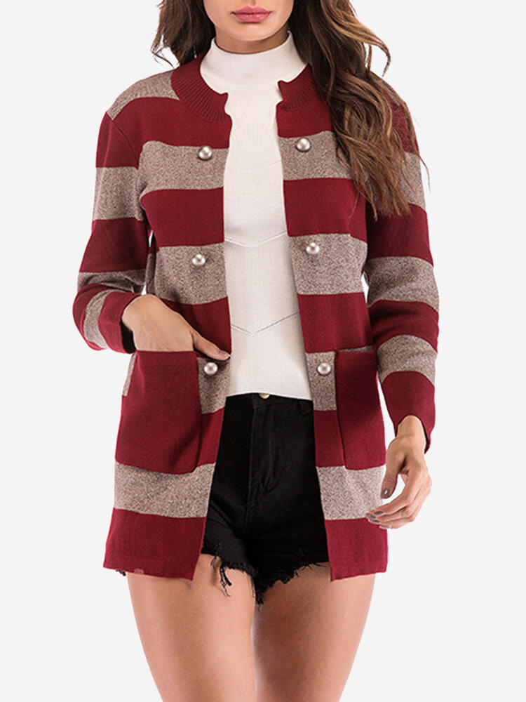 Knitted Striped Patchwork Pockets Cardigans