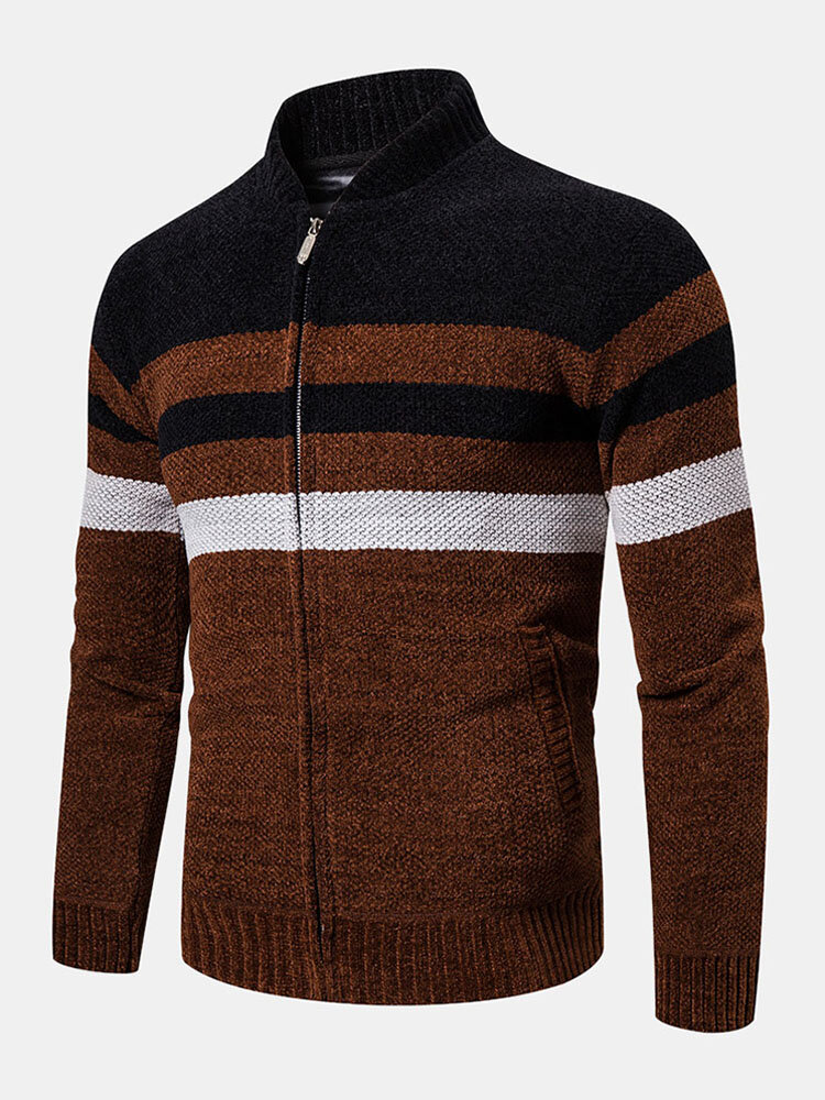 Mens Contrast Color Zipper Stand Collar Casual Knitted Cardigan Sweater