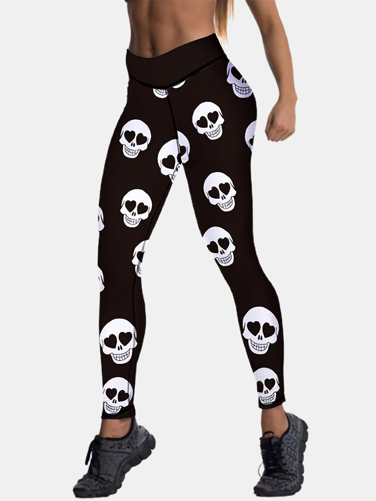 

Women Halloween Skull Print Stretch High Elastic Waist Yoga Leggings Hip Lifting Sport Pants, Black
