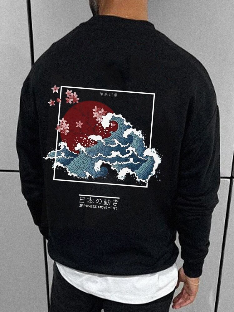 Mens Japanese Wave Floral Ukiyoe Back Print Pullover Sweatshirts Winter