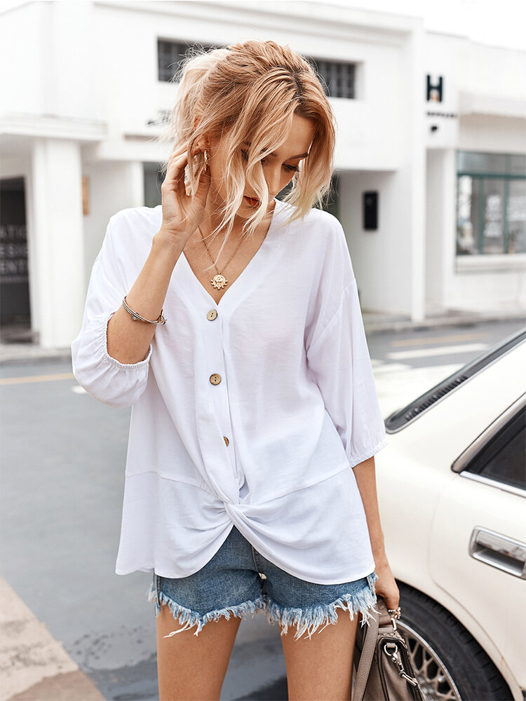 Solid Color V-neck Button Three Quarter Sleeve Casual T-shirt For Women