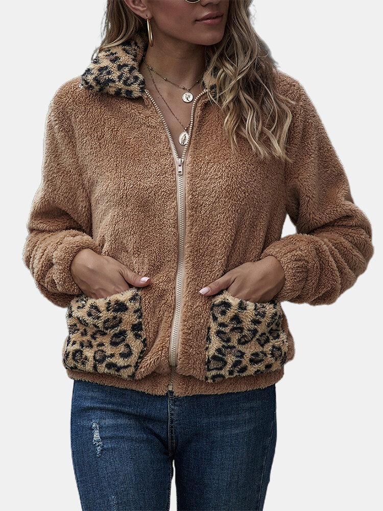 Leopard Print Patchwork Plush Long Sleeve Casual Coat For Women
