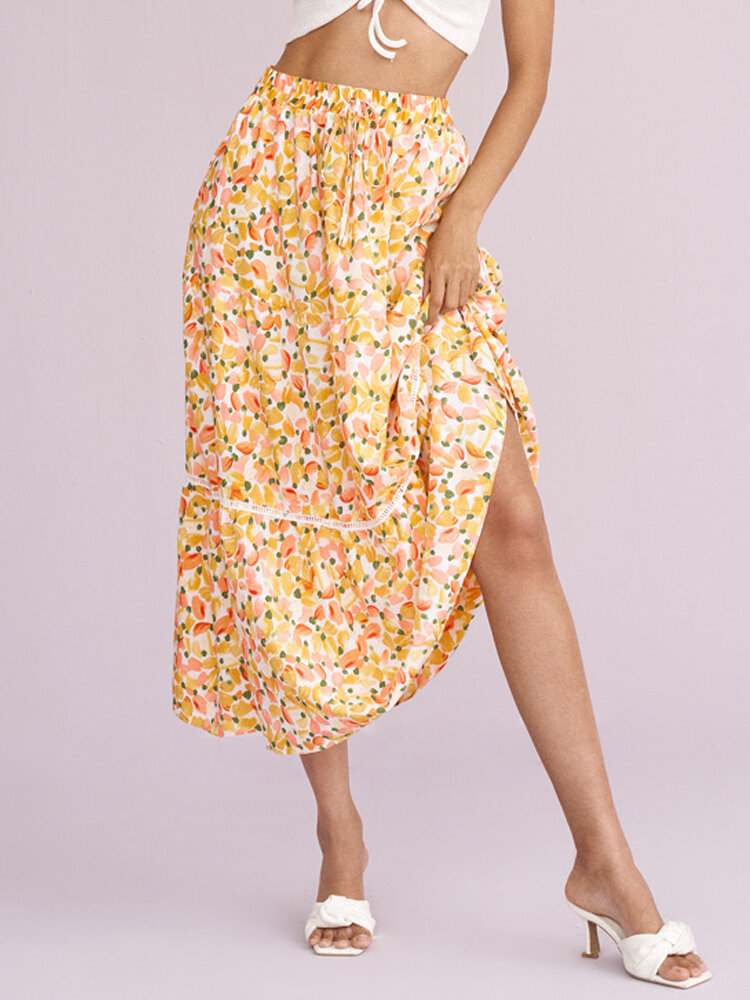 Floral Print Drawstring A-line Big Swing Skirt
