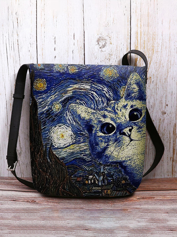 Women Cat Pattern Print Colorful Galaxy Felt Bag Crossbody Bag