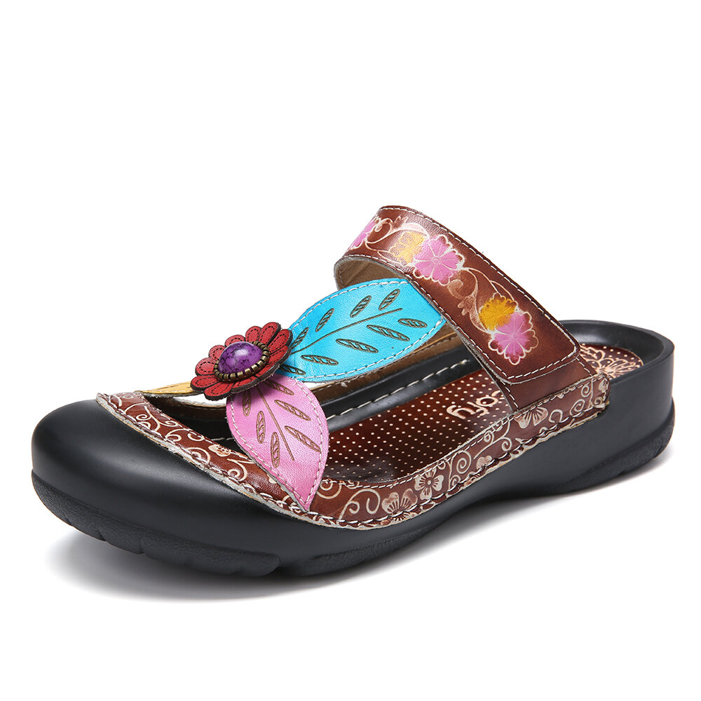 Leather Beaded Floral Adjustable Strap Slip on Mules Clogs Flat Sandals