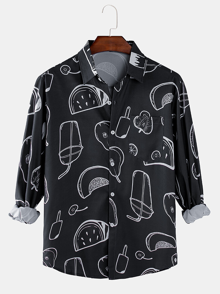 Mens Food Printing Light Lapel Collar Casual Long Sleeve Shirts With Pocket