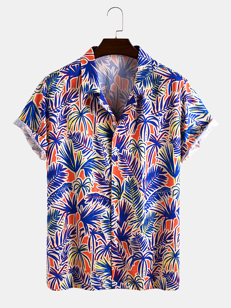 Mens Tropical Leaf Print Holiday Breathable Light Short Sleeve Shirts