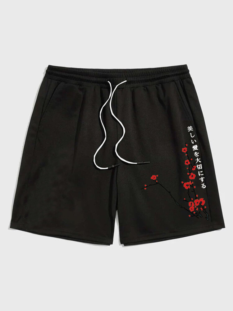 Mens Plum Bossom Japanese Side Print Loose Drawstring Shorts