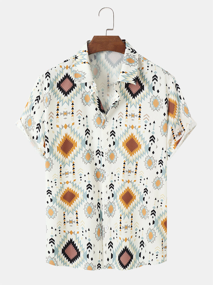Camicie da uomo a maniche corte etniche con risvolto con stampa geometrica vintage
