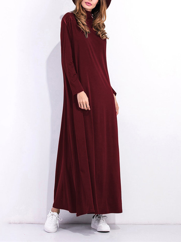 Casual Women Solid Long Sleeve Turtleneck Pockets Maxi Dress