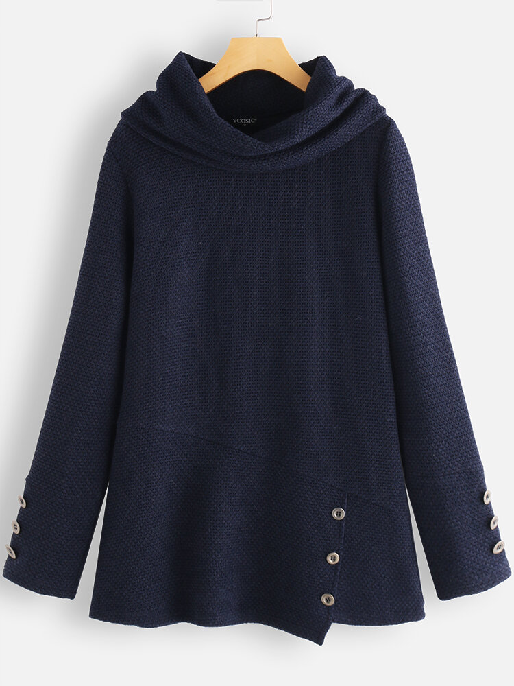 Casual Solid Color Turtleneck Button Long Sleeve Knitted Blouse