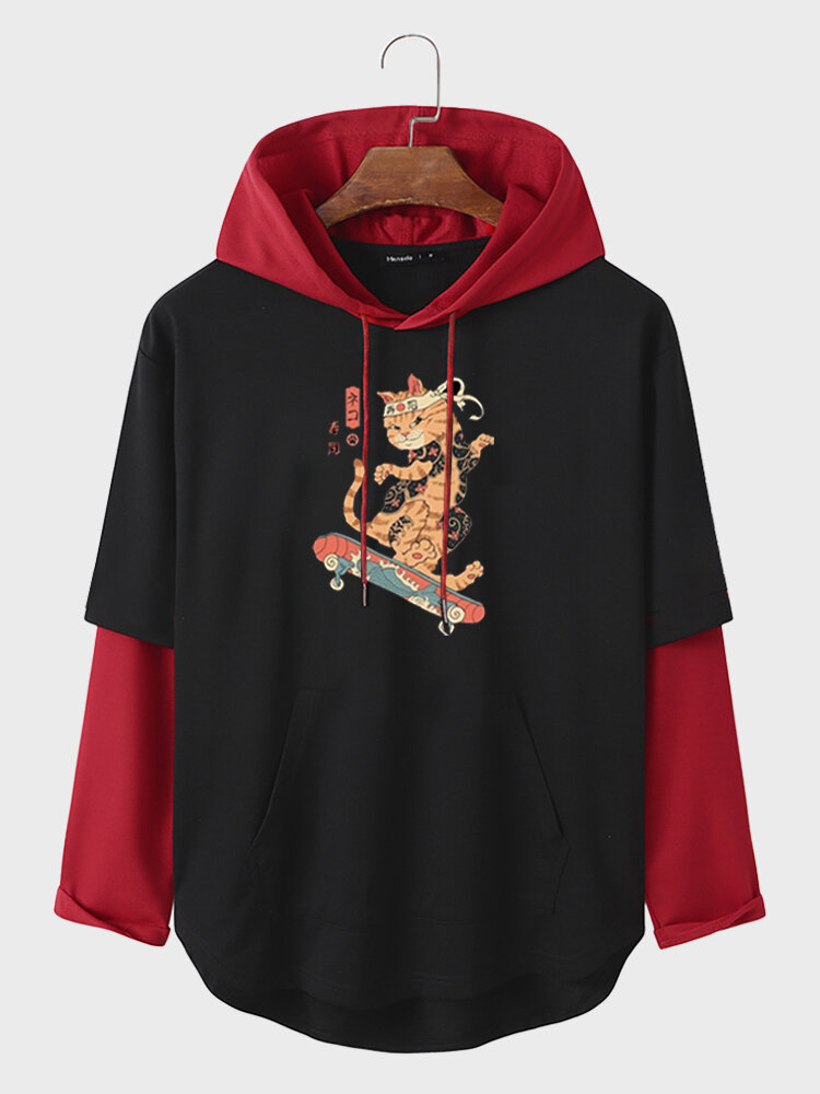 Mens Japanese Cat Print Patchwork Faux Two Pieces Hoodies