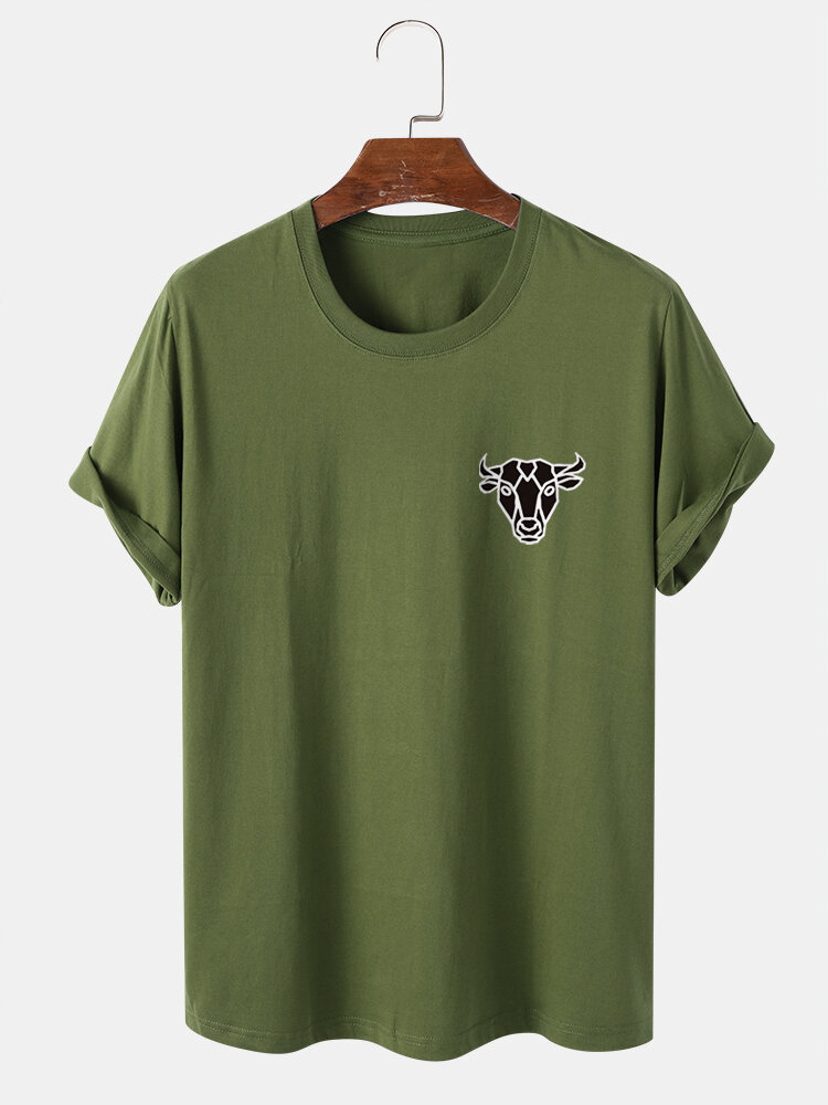 

Mens 100% Cotton Bull Head Chest Print Casual Short Sleeve T-Shirts, Black;khaki;white;dark gray;dark blue;army green