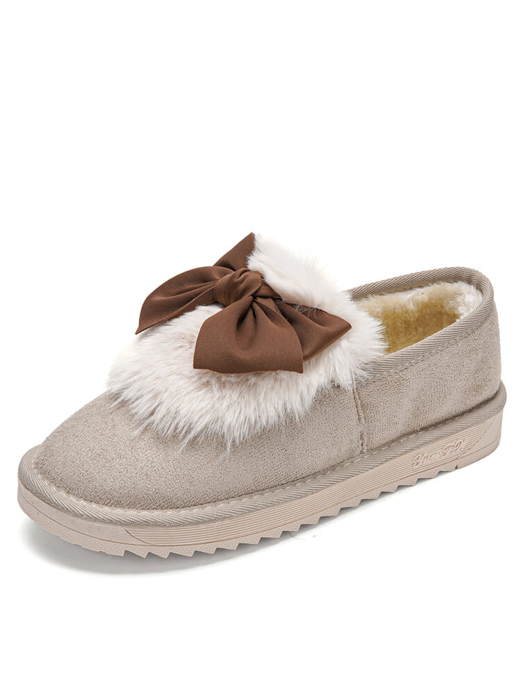 

Women Bowknot Fluffy Embellished Comfy Warm Lined Flat Shoes, Beige