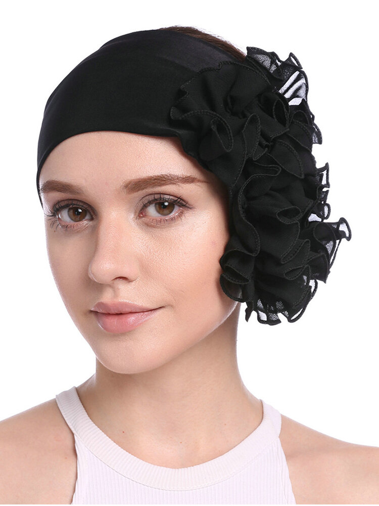 Women Chiffon Elastic Head Band Flower Hair Accessory Beanie Hat UV Protect Sun Hat