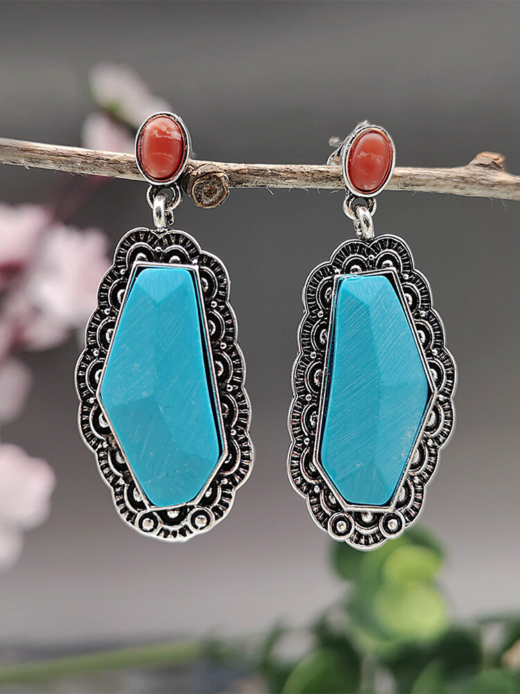 Vintage Ethnic Carved Lace Red Agate Irregularly Cut Turquois Alloy Earrings