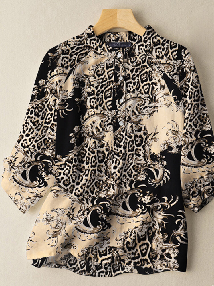 Women Leopard Print Stand Collar 3/4 Sleeve Blouse