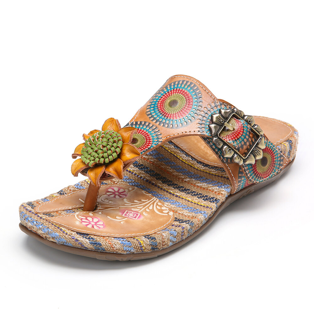 Bohemia Ethnic Knitting Flower Decorative Clip Toe Metal Buckle Sandals