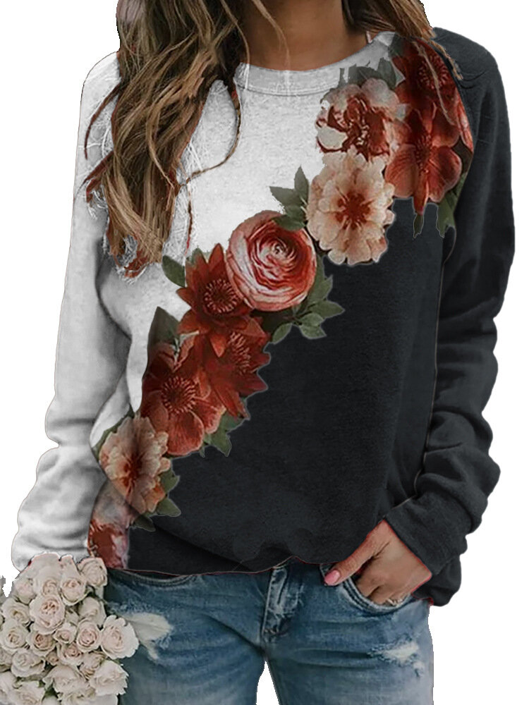 Flower Print Contrast Color Long Sleeve Sweatshirt For Women