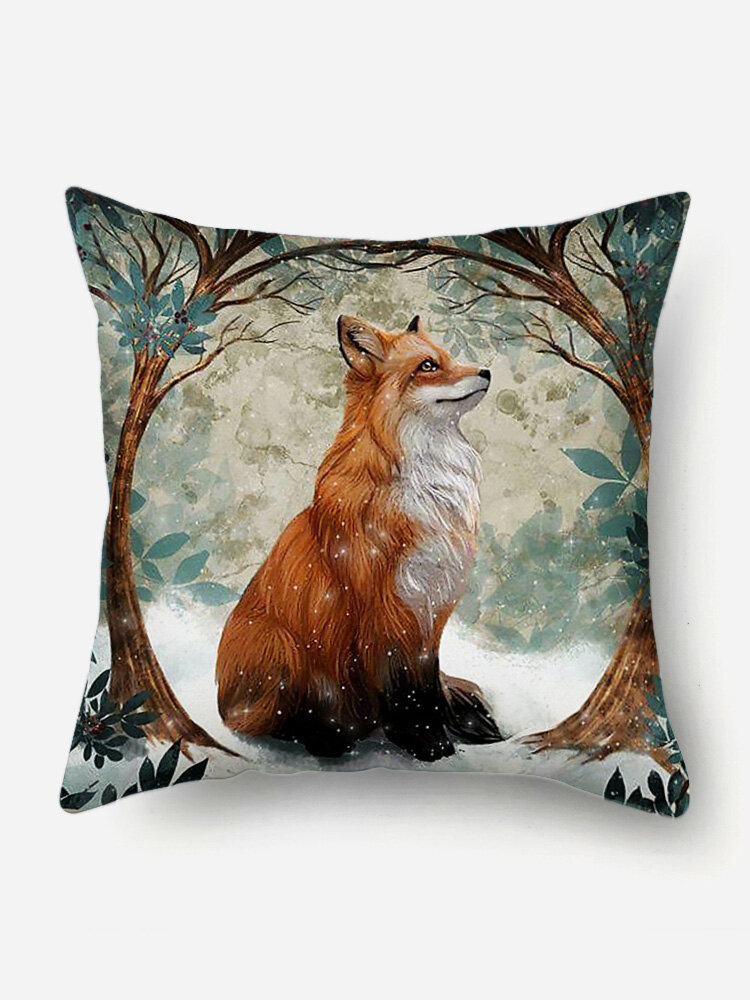 Fox And Tree Pattern Linen Cushion Cover Home Sofa Art Decor Throw Pillowcase