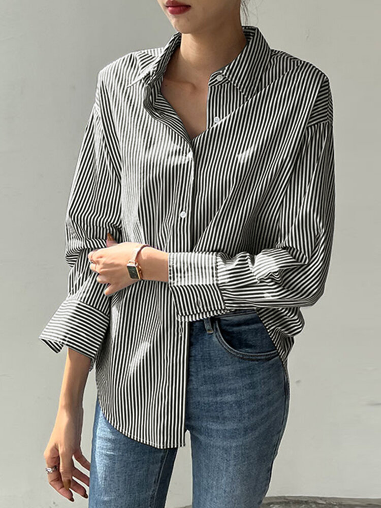 ZANZEA Stripe Print Long Sleeve Button Front Lapel Shirt Cheap - NewChic