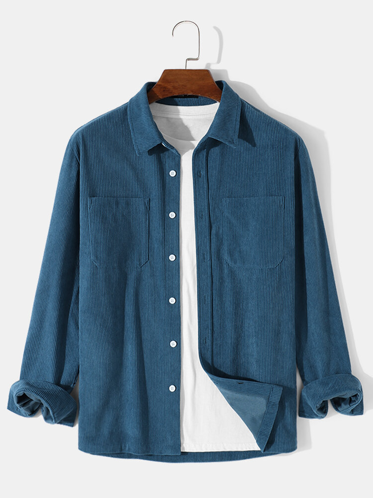 Mens Corduroy Double Pocket Solid Color Long Sleeve Shirts