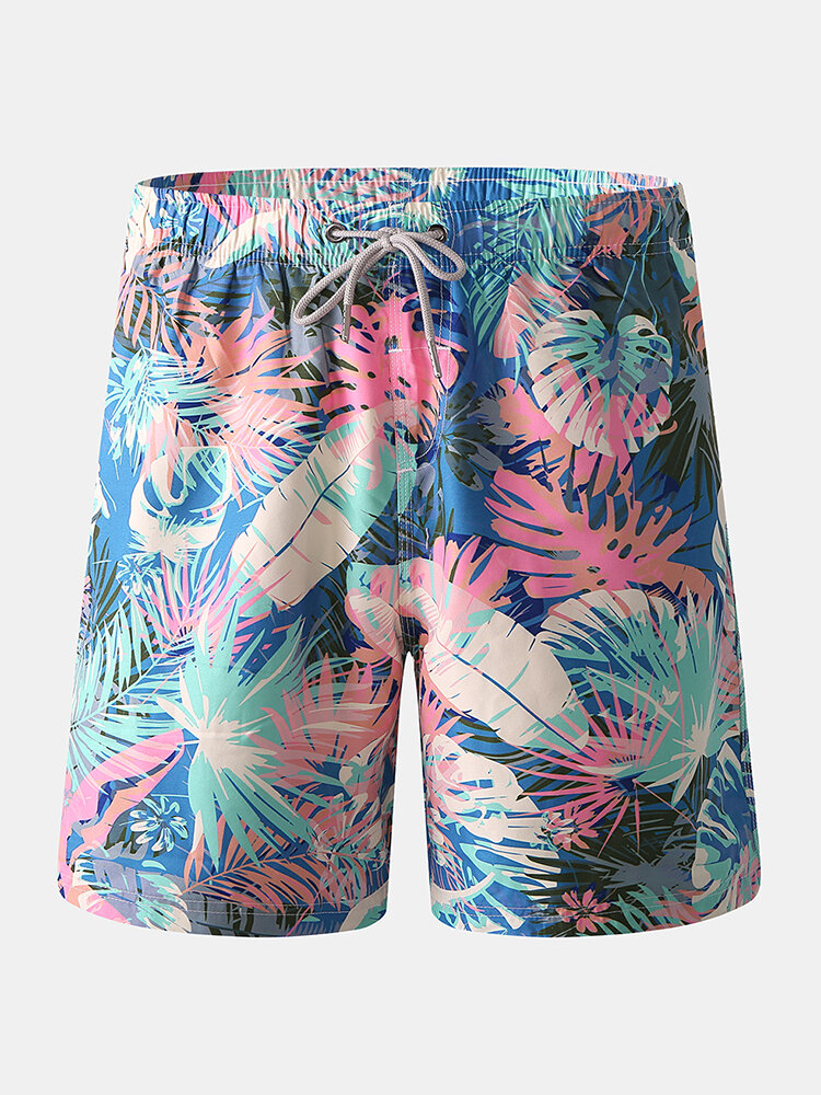 Mens Board Shorts Tropical Plant Print Quick Dry Hawaii Holiday Swim Trunk With Pocket