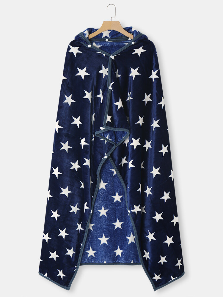 Women Stars Print Shawl Blanket Button Design Wearable With Detachable Hood