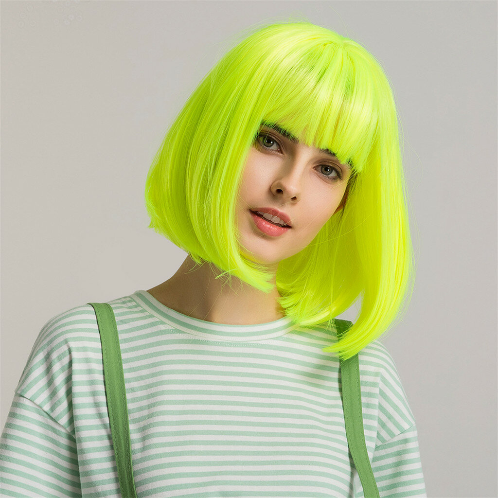 

14 inch Green Neat Bangs Medium Long Straight Lolita Wig Cosplay Bob Synthetic Hair Wigs