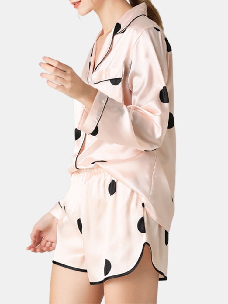 Women Faux Silk Pink Pajamas Sets Polka Dot Long Sleeve Lapel Collar Sleepwear For Autumn