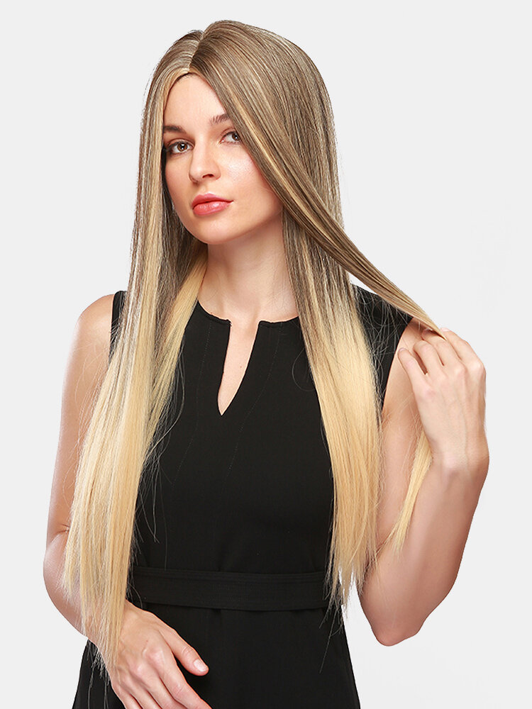30 Inch Brown Gradient Golden Long Straight Hair Breathable Middle Part Synthetic Wigs