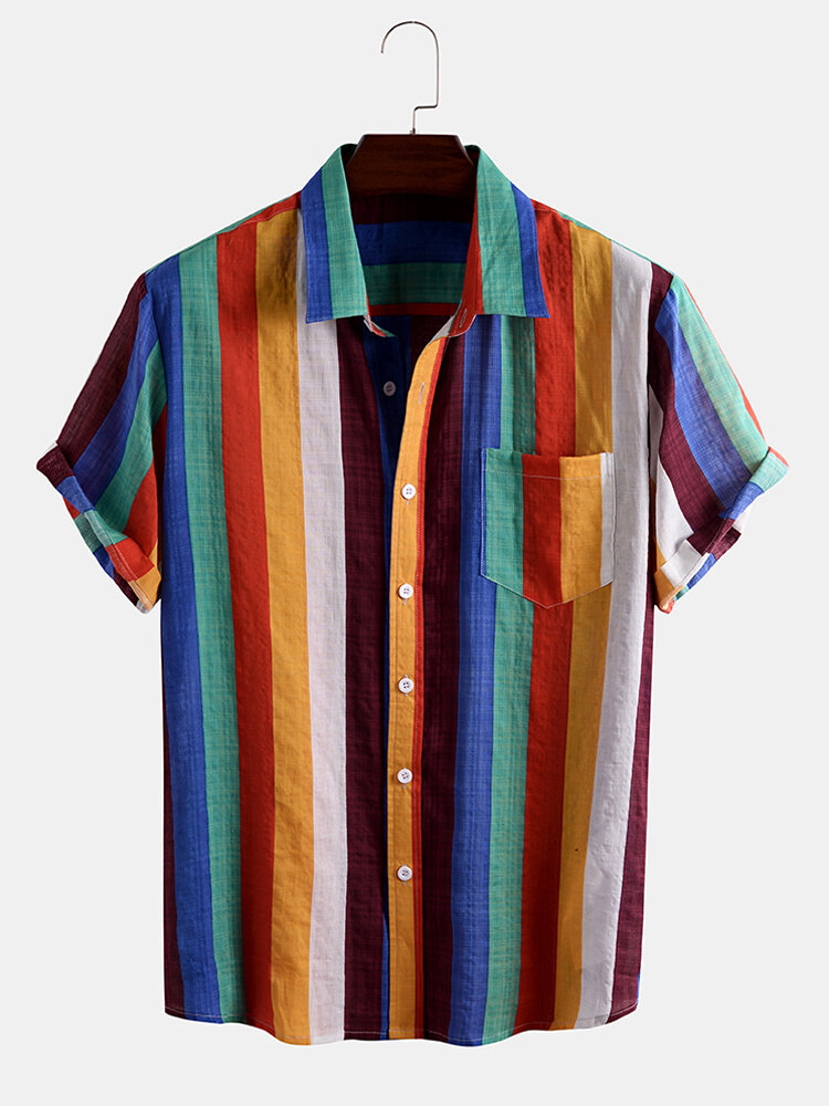 Mens Thin & Breathable Cotton Multi Color Stripe Short Sleeve Designer Shirts