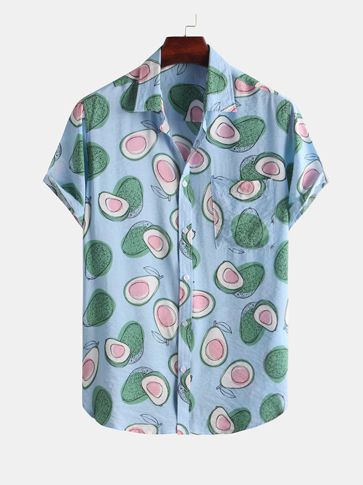Mens Avocado Pocket Printed Breathable Casual Short Sleeve Shirts