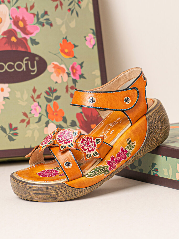 Socofy Genuine Leather Casual Vacation Bohemian Ethnic Floral Hook & Loop Comfy Wedges Sandals