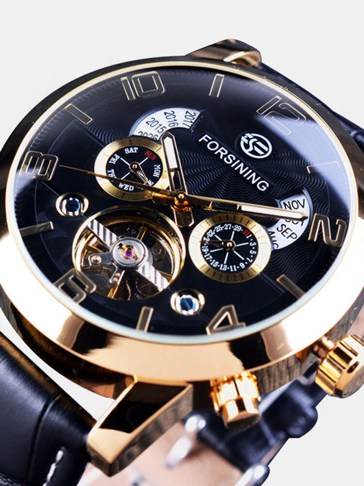 Fashion Men Automatic Watch Week Year Genuine Leather Strap Display Mechanical Watch