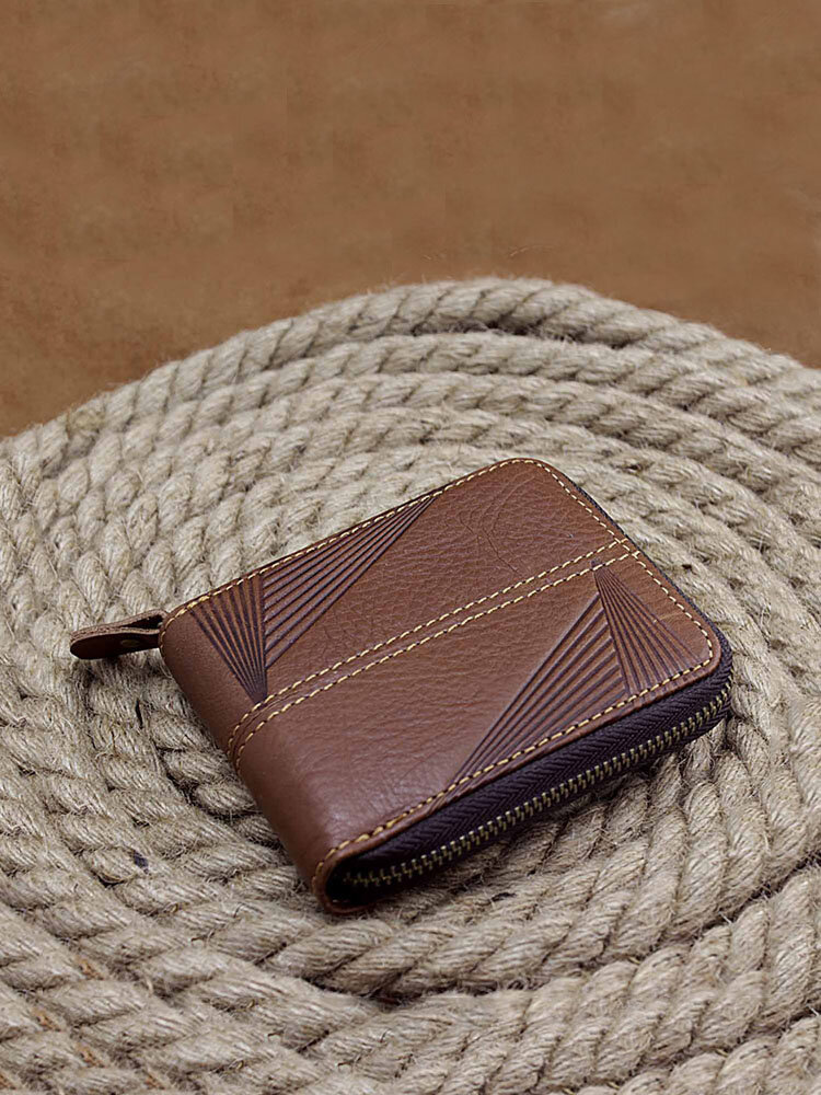 Genuine Leather Vintage Zipper Driver License Trifold Wallet For Men