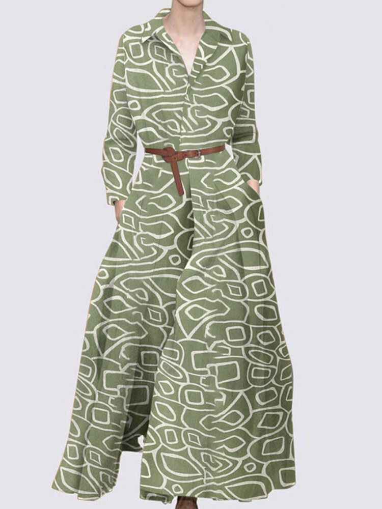 Vestido maxi manga longa plissado bolso com impressão geográfica