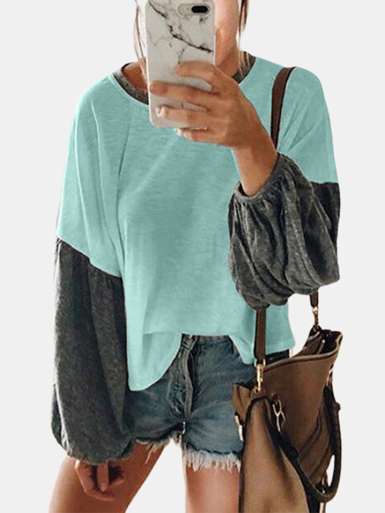 Patchwork Contrast Color Long Sleeve Blouse For Women