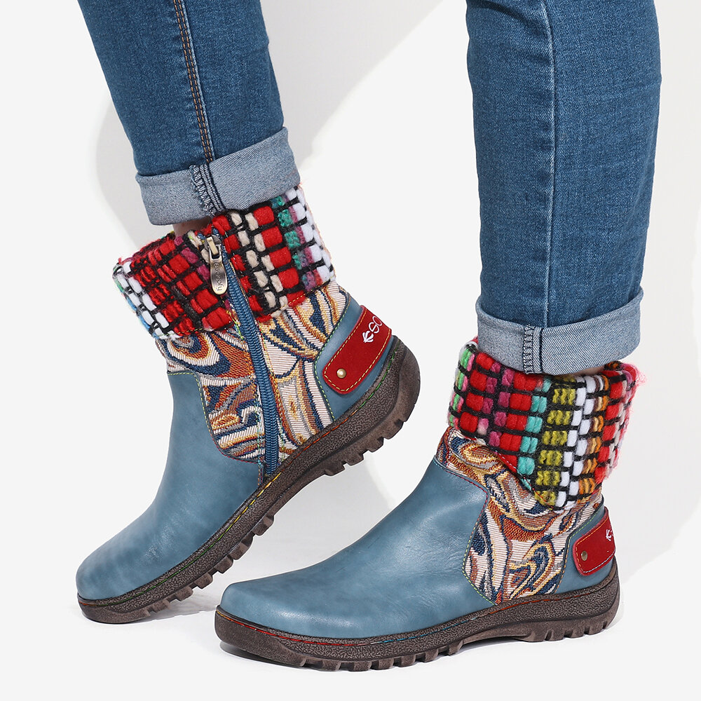 SOCOFY Retro Blue Colorful Woollen Splicing Genuine Leather Zipper Soft Flat Ankle Boots