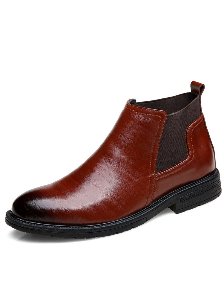 Men Cow Leather Non Slip Elastic Panels Slip On Chelsea Boots